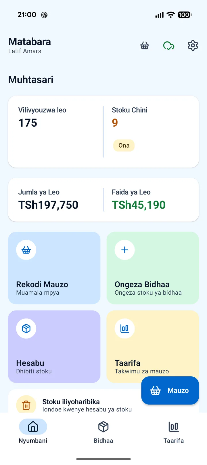 Ukurasa wa mwanzo wa dukasimpo, unaoonyesha bidhaa zilizouzwa, mauzo na faida ya siku
